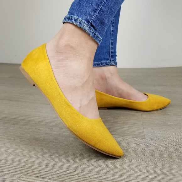 Shoes - Mustard Yellow Vegan Suede Pointy Toe Flat Shoes